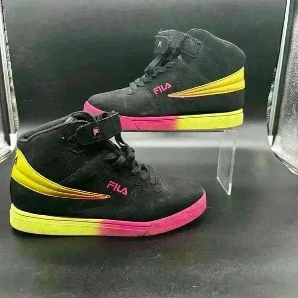 FILA Shoes - Fila Vulc 13 Sneakers Size 6 High Top Matte Black Pink Yellow Fade Soles USED